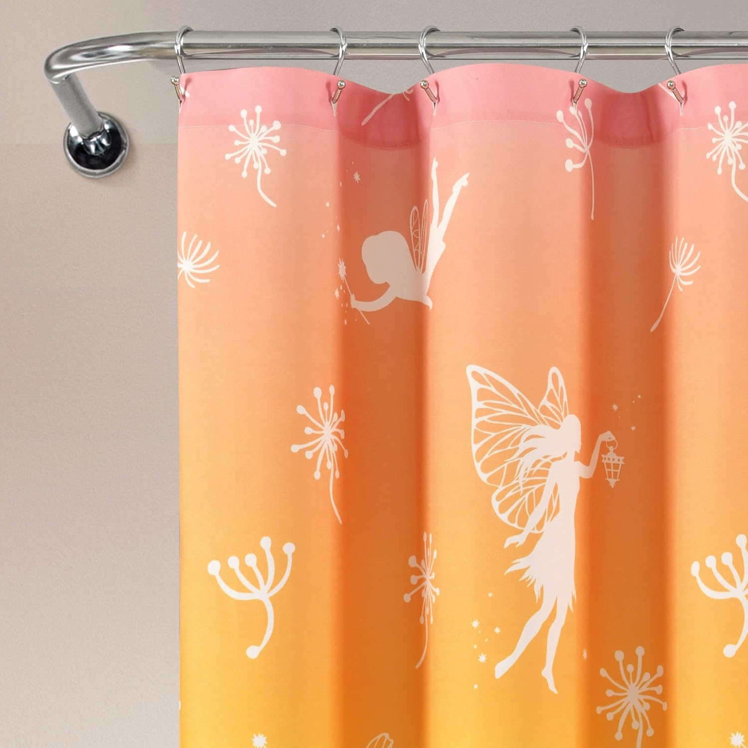Lush Decor Dandelion Fairy Ombre Shower Curtain, 72"W x 72"L, Pastel Rainbow - Whimsical Floral Fantasy Print for Kids Bathroom