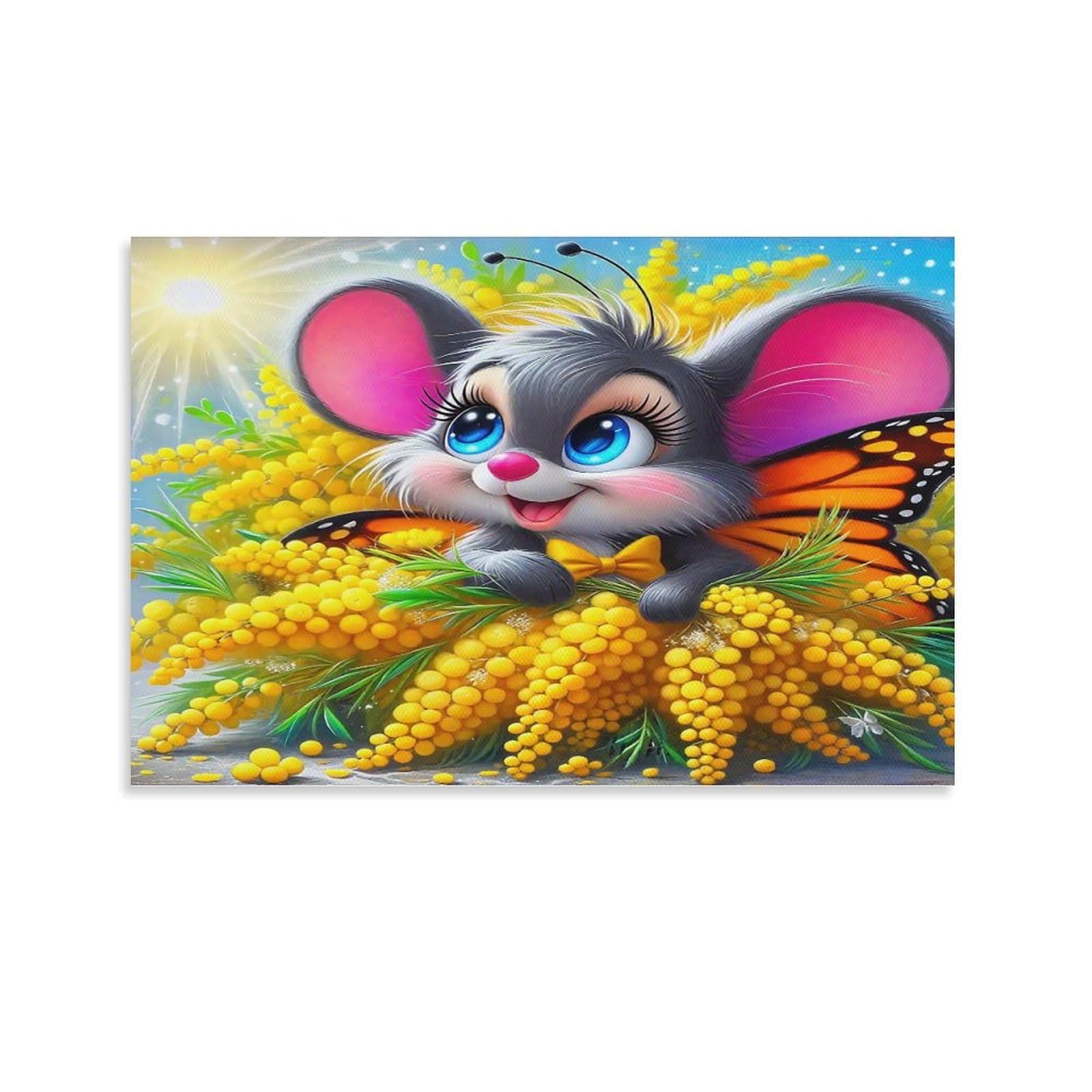 CPLVKWRQJ Sleeping Mouse in Eggshell with Flowers 1 Piece Butterfly Ear Mouse Yellow Bloom Sunny Field Canvas Wall Hanging - Nursery Space Saving Removable Ready to Hang Wall Decor 24x36inch(60x90cm)