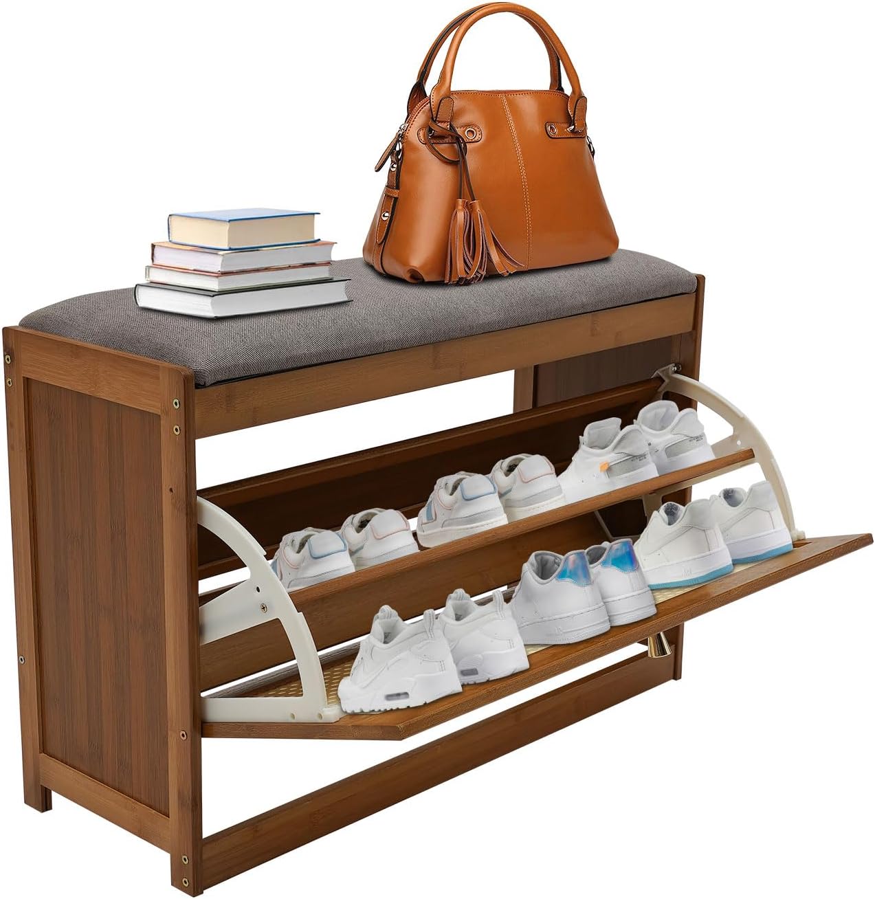 Bamboo Shoe Organizer for Entryway, Shoe Storage Stool, Shoe Rack Bench with Door, Storage Bench with Cushioned Seat, Small Shoe Stool for Entryway, Parlor, Holds Up to 220lbs (Dark Brown)