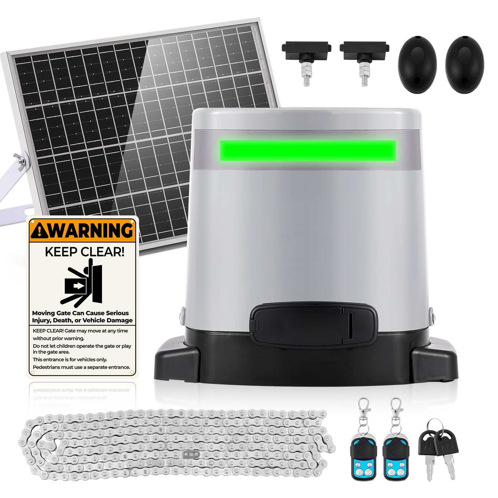 Photo 1 of 1300lbs Solar Sliding Gate Opener Chain Drive with Built-in Backup Battery, WiFi Remote Control, IR Sensor, Automatic Gate Motor for Heavy Driveway Slide Gates, Off-Grid Operation with Solar Panel
