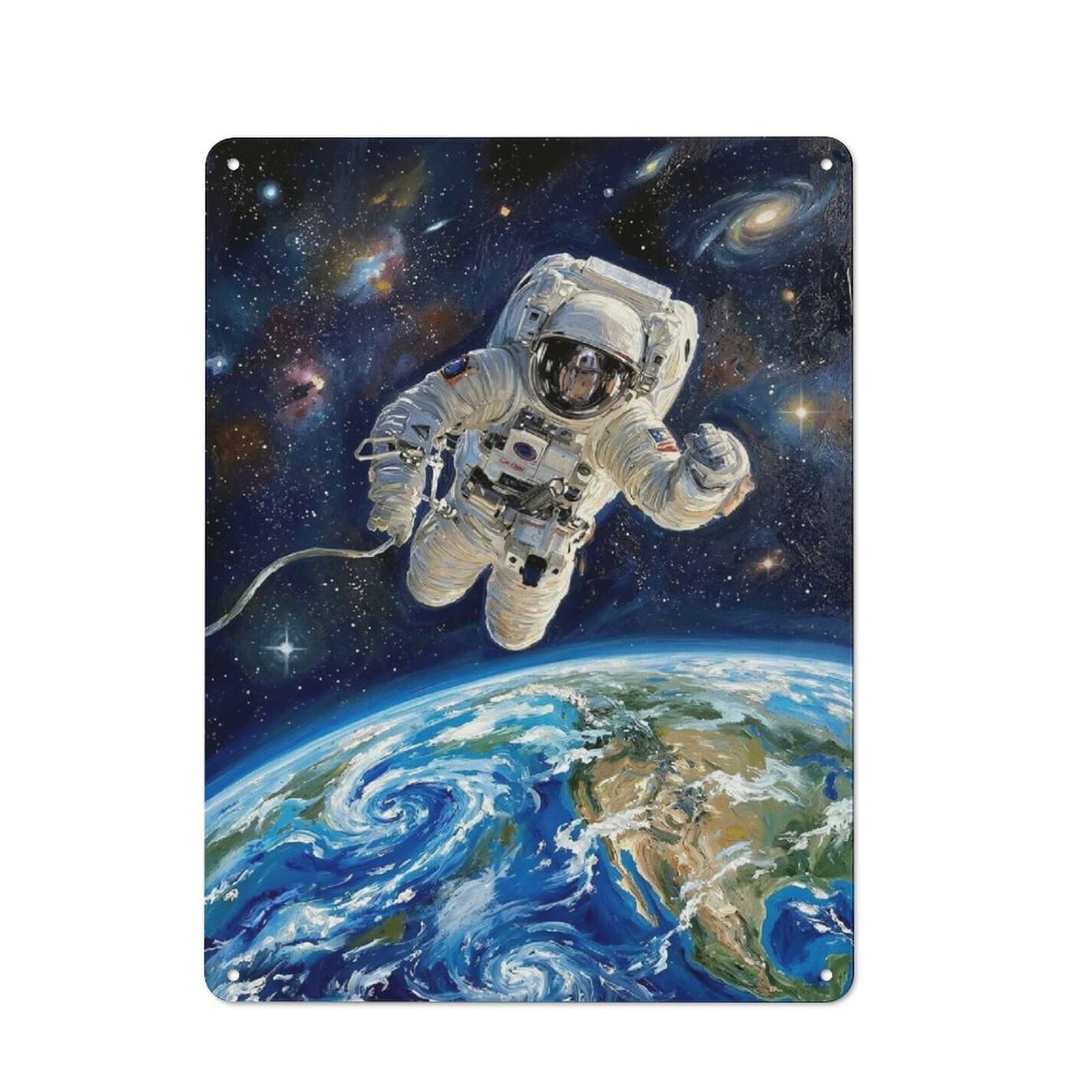 Junmoney Style-7 For Lounge Or Reading Corner, Astronaut In Space Above Earth Painting Vintage Metal Sign 40X30cm, For Collectors Decorating Lounges And Reading Corners