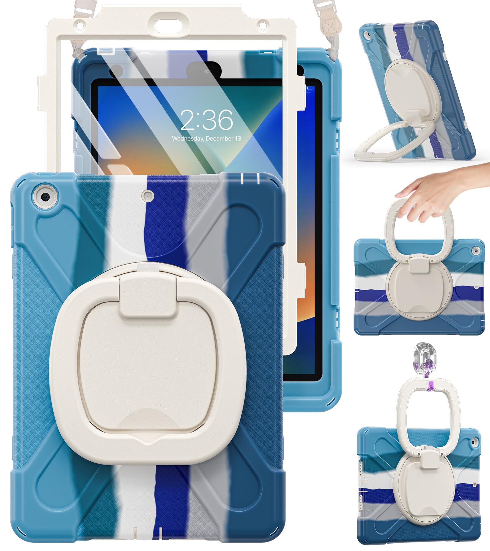 BRAECN for iPad 9th 8th 7th Generation 10.2 Inch Case,Heavy Duty Silicone Case w/Carrying Strap/Pencil Holder/Screen Protector/Folding Handle Grip/