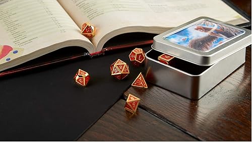 Miniatura 4 de Juego de dados DND de metal, dados poliédricos rojos/dorados con estuche de transporte de estaño pulido para juegos de mesa, juegos de rol D&D