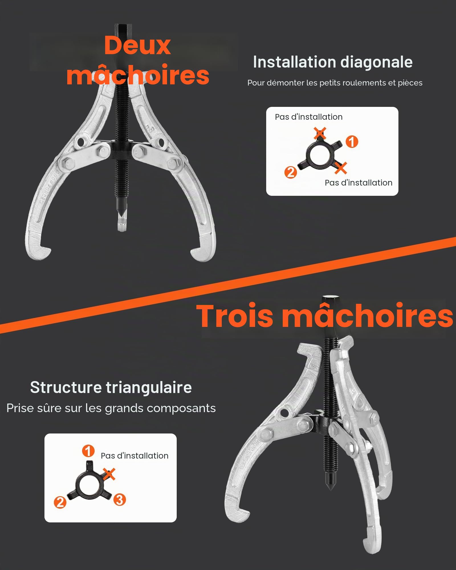VEVOR Ensemble d'Extracteurs d'Engrenages de Poulie à 2/3 Mâchoires 4PCs, Arrache Roulement 76,2/101,6/152,4/203,2 mm avec Mâchoires Réversibles, pour Retrait du Volant d'Inertie, Garage Atelier