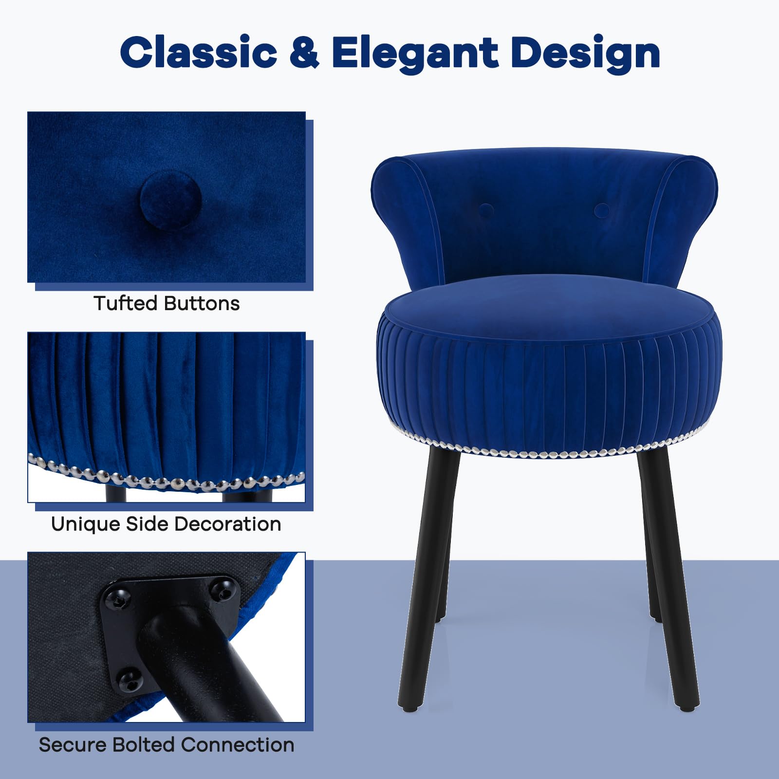 GIANTEX Schminktisch Stuhl, Schminkhocker mit Rückenlehne, gepolsterter Schminktischstuhl aus Samt mit Beinen aus Gummibaumholz, Makeup Hocker für Schlafzimmer, Ankleidezimmer, Wohnzimmer (Blau)