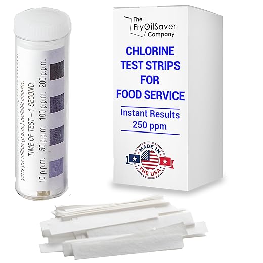 Chlorine Test Strips for Restaurants and Food Services, 1 x Vial of 100 Sanitizer Test Strips for Kitchens, 0-200 ppm Testing Kit for Sanitizing Solution, Precise Bleach Testing Kit by FryOilSaver Co.