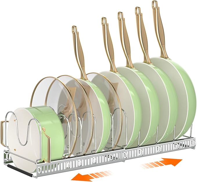 Pots and Pans Organizer Rack for under Cabinet, Expandable 11.81''-22.85'' Pot Lid Kitchen Cabinet Organizer Holder with 10 Adjustable Compartment Cutting Board Organizer for Pan Lid, Bakeware