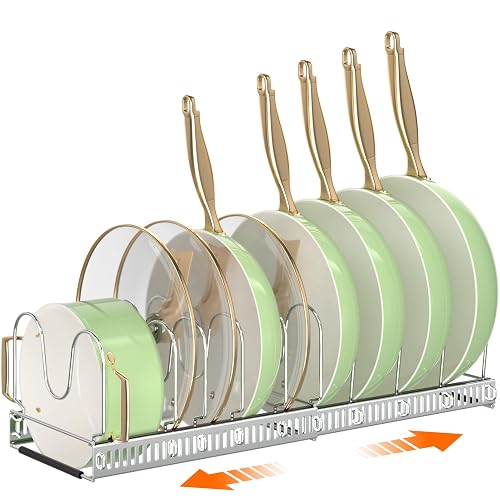MUDEELA Pots and Pans Organiser, Rack for under Cabinet, Expandable Pot Lid Kitchen Cupboard Organiser Holder with 10 Adjustable Compartment, for Cutting Board, Cast-iron Pan, Heavy Cookware, Silver - Silver - 10 Dividers