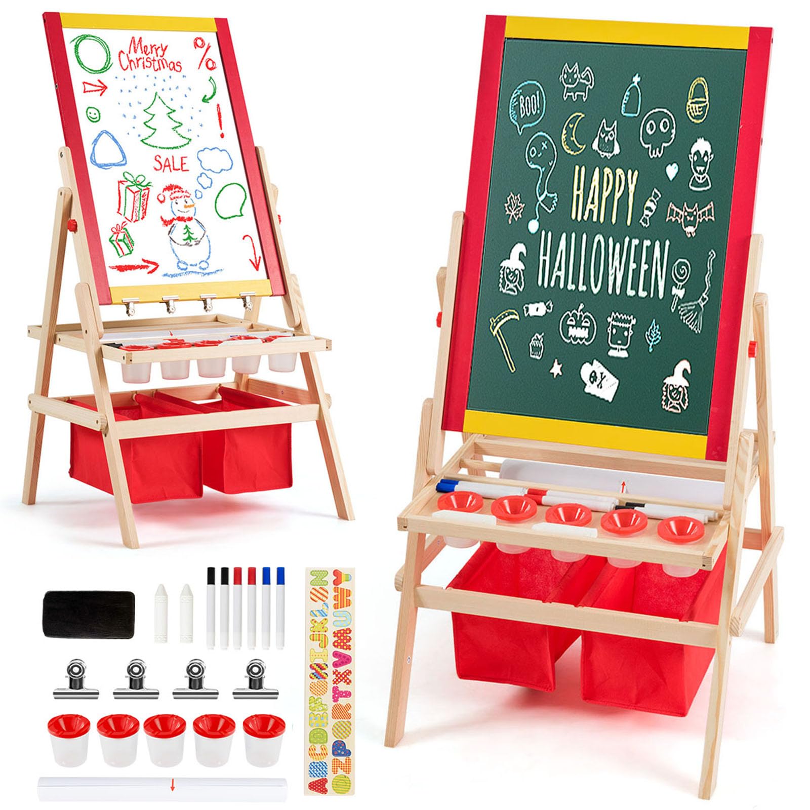 COSTWAY Caballete para Niños 3 en 1 Tablero de Doble Cara Pizarra de Pie de Madera con Accesorios para Juego Dibujo Infantil (Modelo 2)