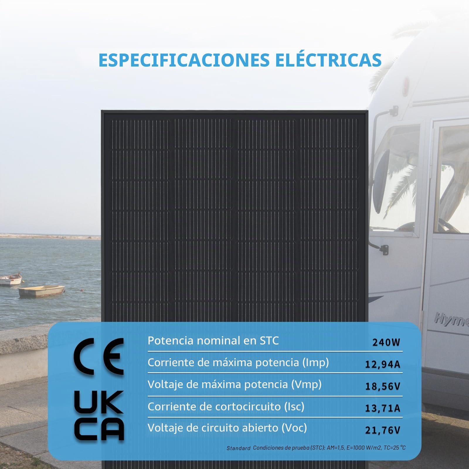 Panel Solar Monocristalino Tipo N 240W 12V en Negro – Módulo Solar Eficiente para Autocaravana, Barco, Balcón, Techo, Baterías 12V y Centrales Eléctricas Portátiles