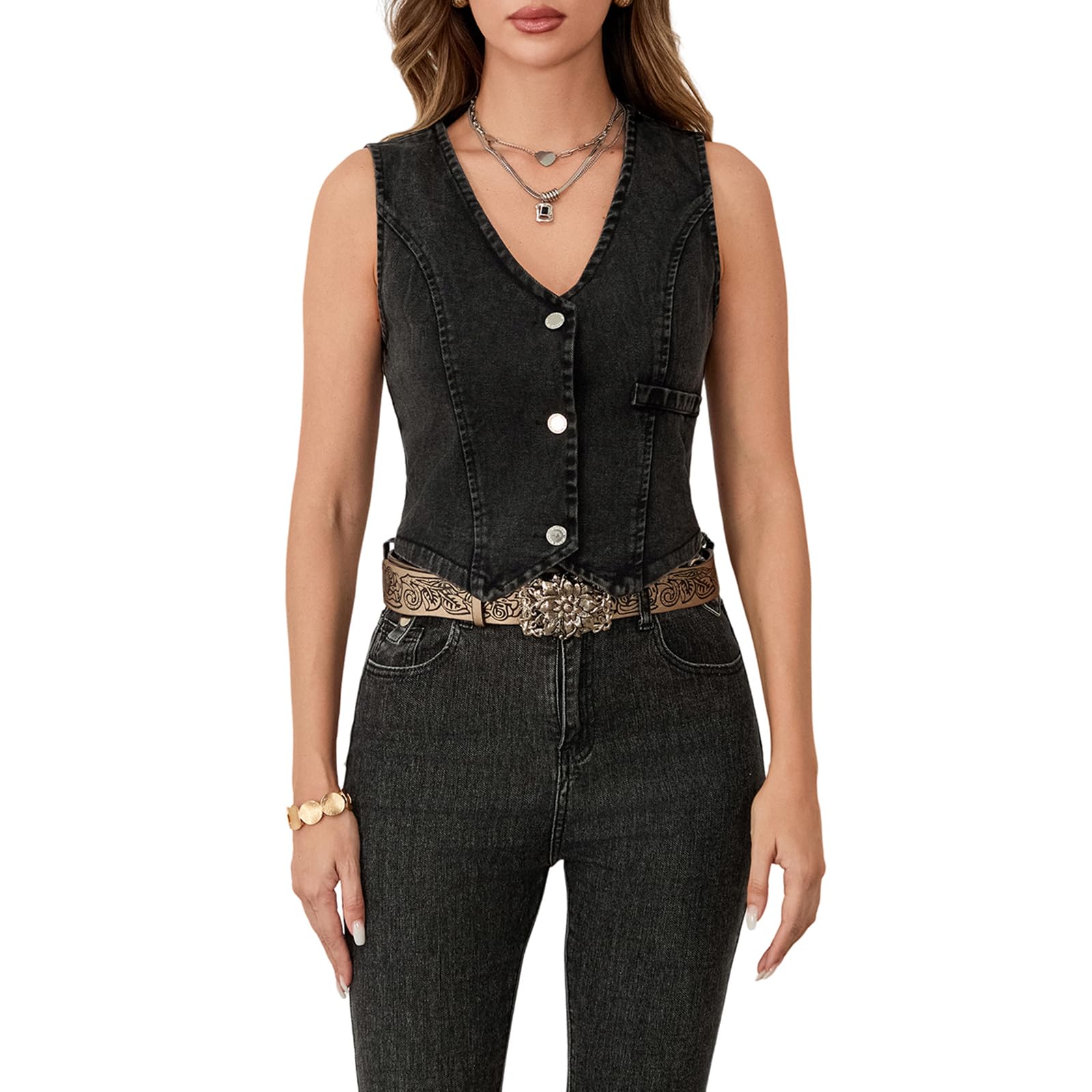Felcia Women Summer Sleeveless Denim Waistcoat Sexy V Neck Button Down Denim Vest Casual Cropped Going Out Jean Tops (K-Black Grey, S)