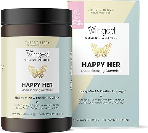 Miniatura 5 de Winged Wellness Happy Her - Gomitas de apoyo para el estado de ánimo, contiene extracto de azafrán activo de azafrán, 5-HTP, L-tirosina, melena de