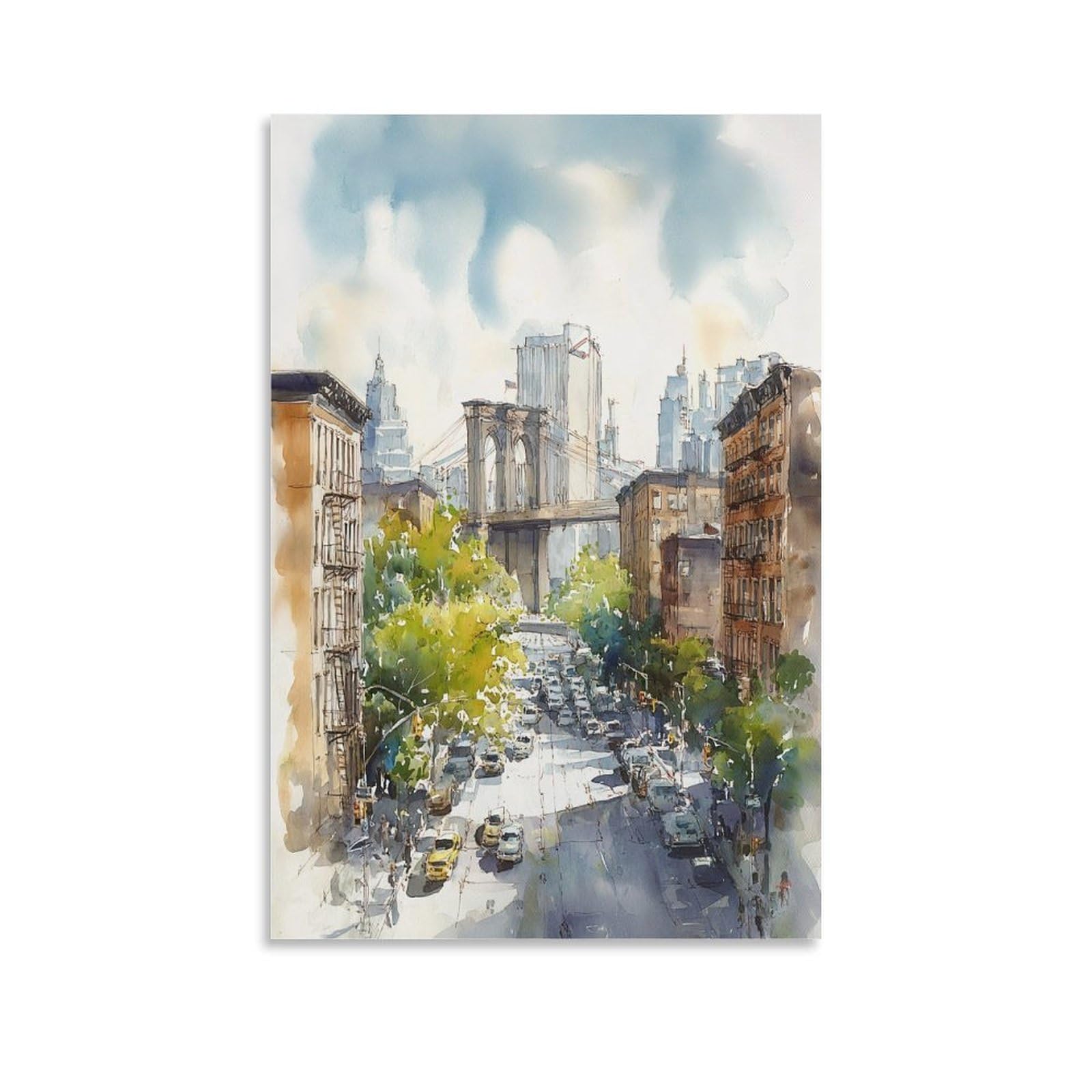 LCYNNH Brooklyn Bridge Watercolor Painting New York Travel Posters 16x24inch(40x60cm) Print Home Bedroom Office Living Room Decor Canvas