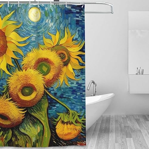 Miniatura 2 de Juego de cortina de ducha de girasol para baño, pintura al óleo, hojas verdes, flores, bohemio, tela amarilla abstracta, moderna, impermeable,