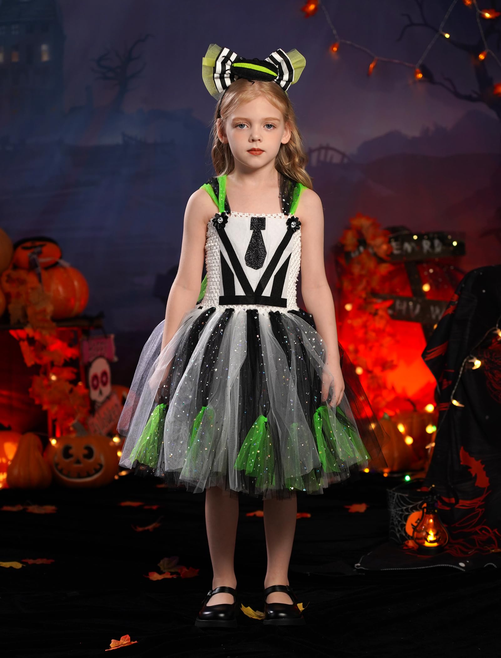 IWEMEK Girls Beetle Fancy Dress Halloween Costume: Spaghetti Straps Black and White Striped Tulle Tutu Skirt Cosplay Outfit with Headscarf Carnival Party Dress Up Black and White 2-3Y - Image 2