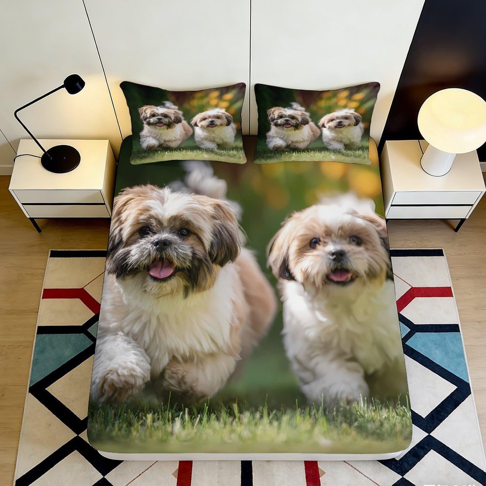 3D Printed Cute Shih Tzu Dog Fitted Sheet Microfiber Soft Breathable Playful Puppy Bed Cover for Bedroom Dormitory Guest Room Mattress Protection 160x200x25cm