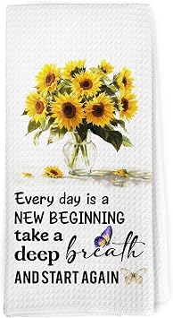 Dibor Inspirational Sunflower Kitchen Towels Dishcloth, Inspirational Gifts Decor Dish Towels, Everyday is a New Beginning Motivational Decorative Hand Tea Towel for Bathroom Kitchen, 16x24 Inch