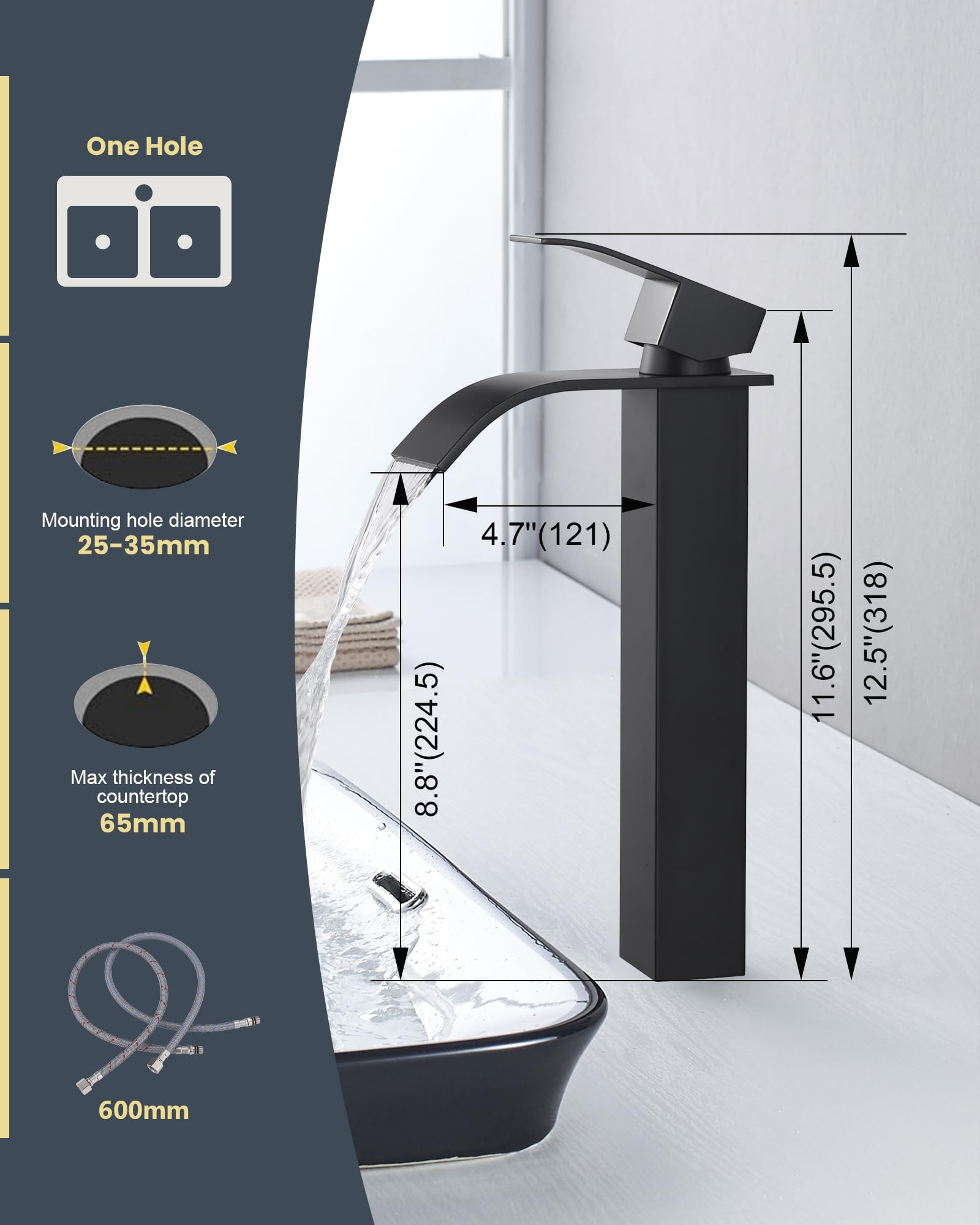 Grifo de cascada para baño negro, mezclador de lavabo monomando de acero inoxidable. Altura de salida 224 mm. Grifo de lavabo para 1 orificio, mezclador de recipiente con mangueras de agua de 60
