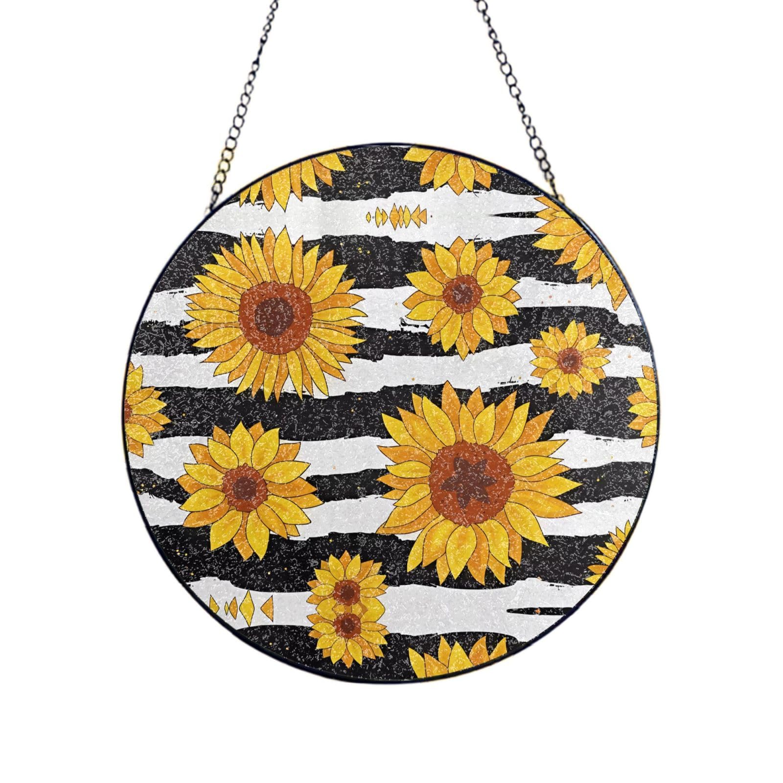 Phayah Stylish Sunflowers Print Glass Window Hanging Round Suncatcher Glass Ornament Garden Wall Fence Decorations Indoor Outdoor 8in（20cm）