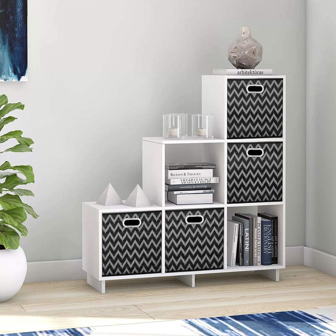 i BKGOO Cloth Storage Bins Set of 4 Thick Fabric Drawers Foldable Cubes Basket Organizer Container with Dual Metal Handles for Shelf Cabinet Bookcase Boxes Grey-Black 13x13x13 inch
