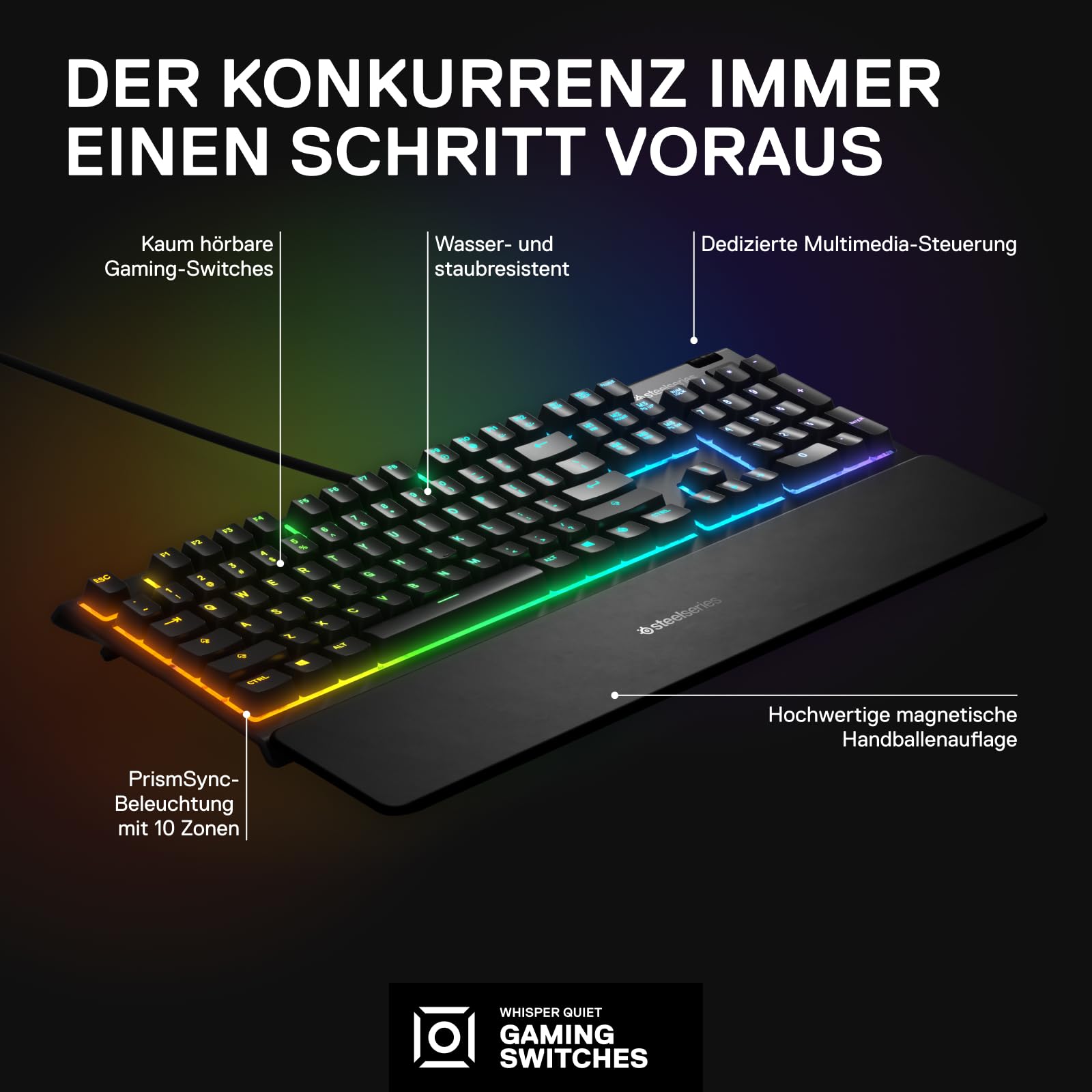 SteelSeries Apex 3 Gaming Tastatur - 10-Zonen RGB-Beleuchtung - Flüsterleise Gaming-Switches - Premium magnetische Handballenauflage - IP32 wassergeschützt - Deutsches (QWERTZ) Layout - 2
