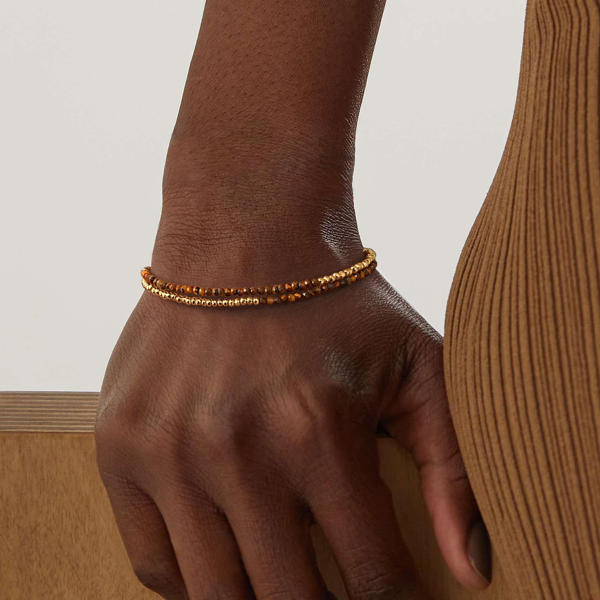 MYEARS Women Beaded Bracelet Gold Double Layer Gemstone 14K Simple Dainty Handmade Chain Everyday Boho Beach Jewelry: Tiger's Eye