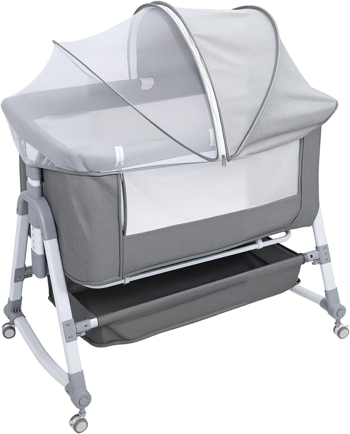 3 in 1 Bassinet, Baby Bedside Crib Height Adjustable Basinet Bedside with Wheels, Mosquito Net (Grey)