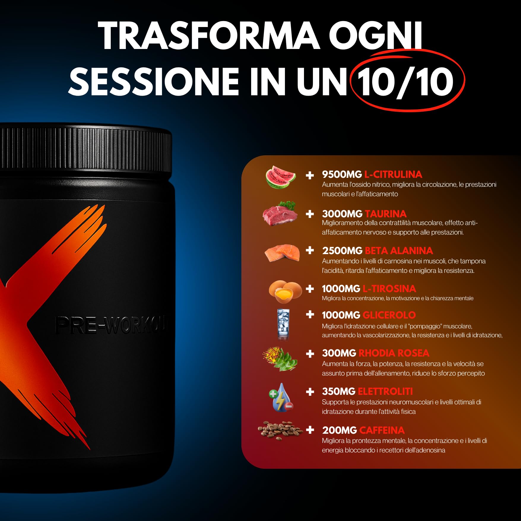 PRE-WORKOUT pro | Energia | Pump | Focus | Elettrolita | L-citrullina | Beta-alanina | L-tirosina | Rhodiala Rosea | acido mallico (TROPICAL)