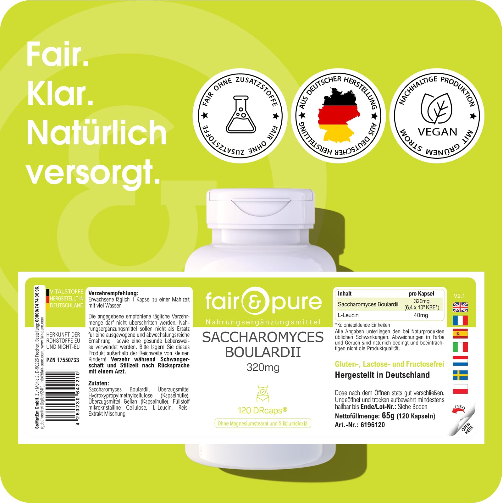 Fair & Pure Saccharomyces boulardii Kapseln 320mg, 120 DRcaps, schluckfreundlich, 6,4 Milliarden Hefekolonien, veganes Nahrungsergänzungsmittel ohne Zusätze, in Deutschland hergestellt