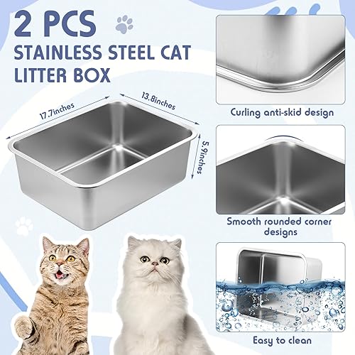 Miniatura 2 de Tioncy Juego de 2 cajas de arena de acero inoxidable y pala de arena para gatos con 1 alfombrilla de arena para gatos, caja de arena de metal,