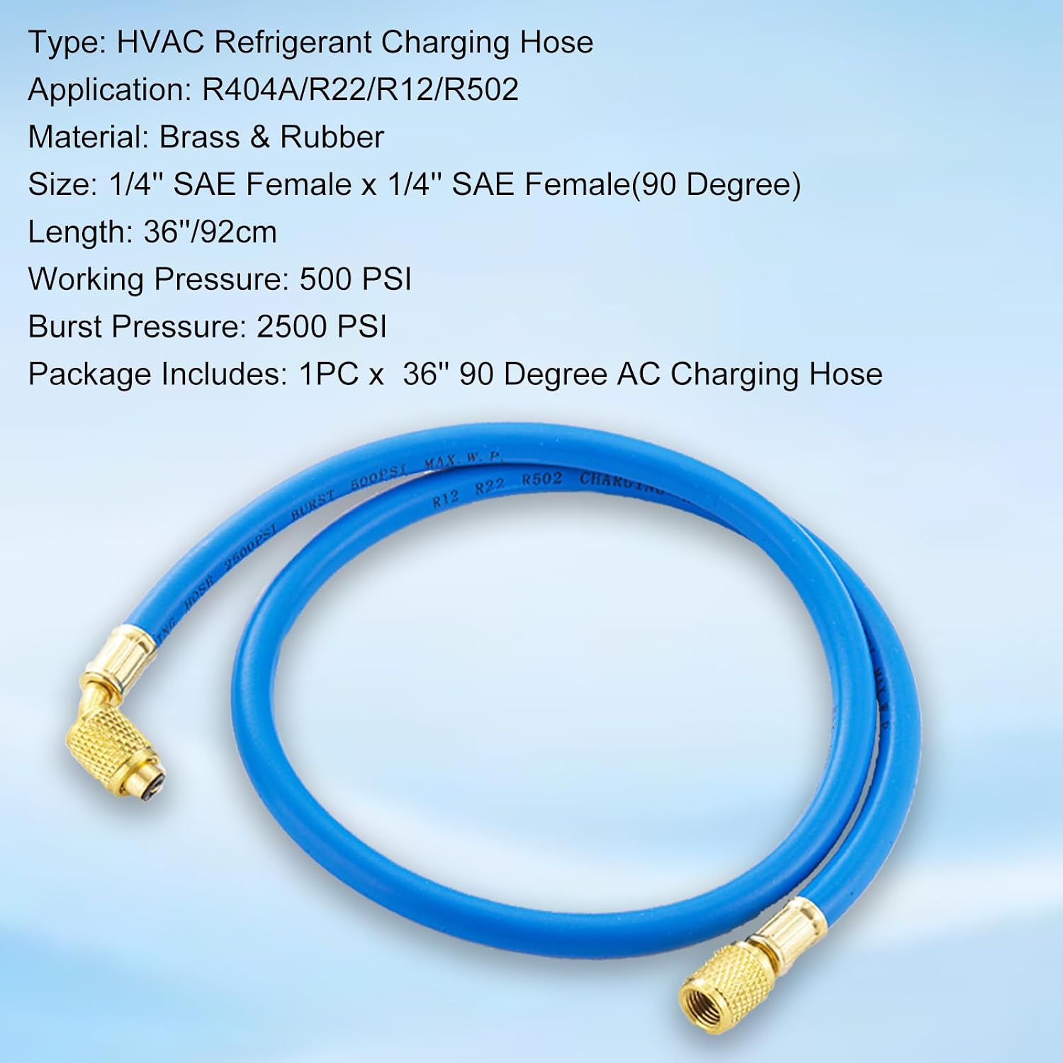 90 Degree Refrigerant Charging Hose, R404A AC Hoses with 1/4" SAE Female Flare, 90 Degree Adapter for R404 R22 R12 R502 Air Conditioner Refrigeration Maintenance, 500-2500PSI-36'' Blue
