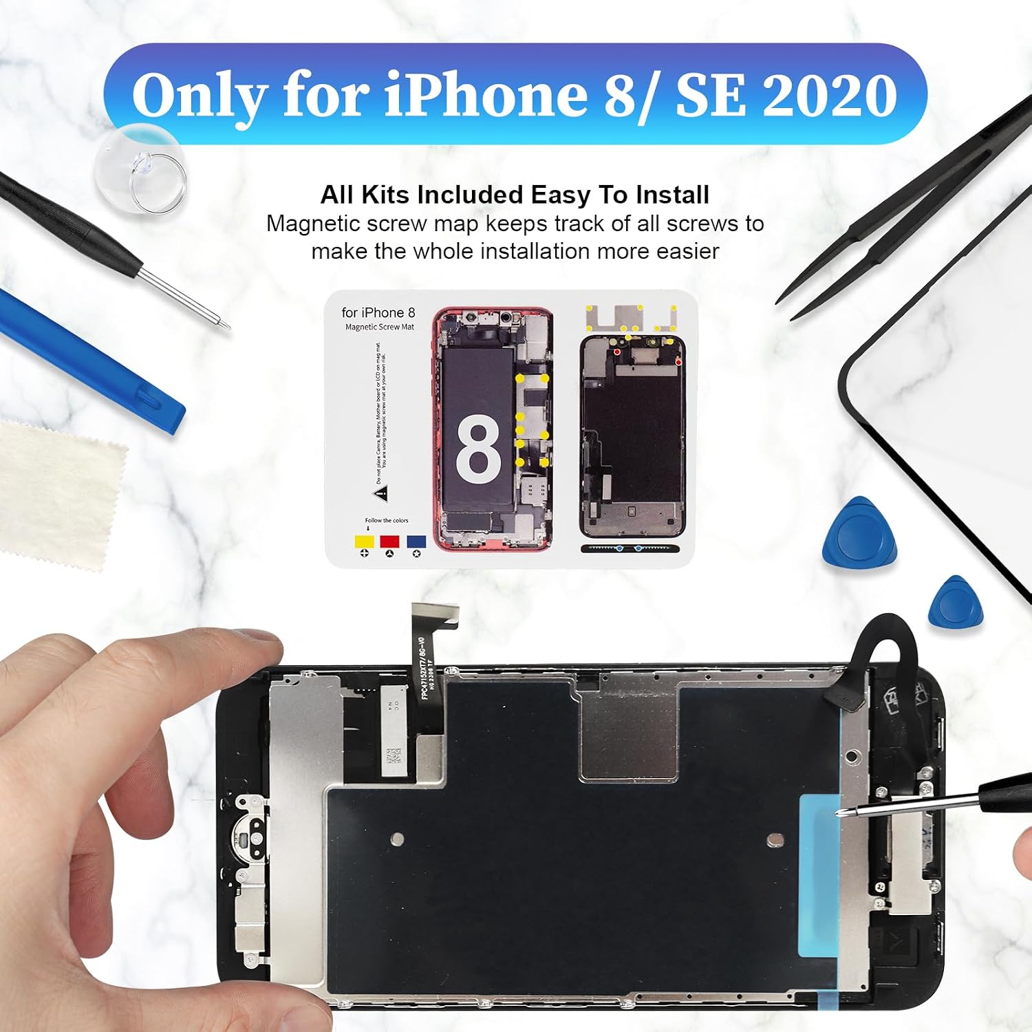 for iPhone 8/ SE 2020 2nd Screen Replacement Kit with Home Button Earpiece Speaker Sensor Front Camera, Touch Frame LCD Display Digitizer for Model A1863 A1905 A1906 A2275 A2296 A2298 4.7 inch Black