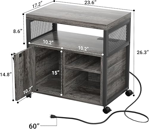 Miniatura 3 de Unikito Archivador lateral de oficina con enchufe y puerto de carga USB moderno soporte de impresora sobre ruedas gabinete de impresora con puerta y