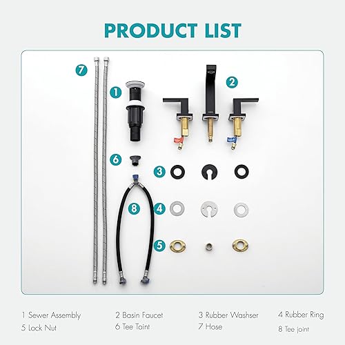 Miniatura 8 de Grifos de baño, grifo de baño negro, grifos de baño de 4 pulgadas y 8 pulgadas para fregadero, 3 agujeros, latón negro mate, con drenaje de