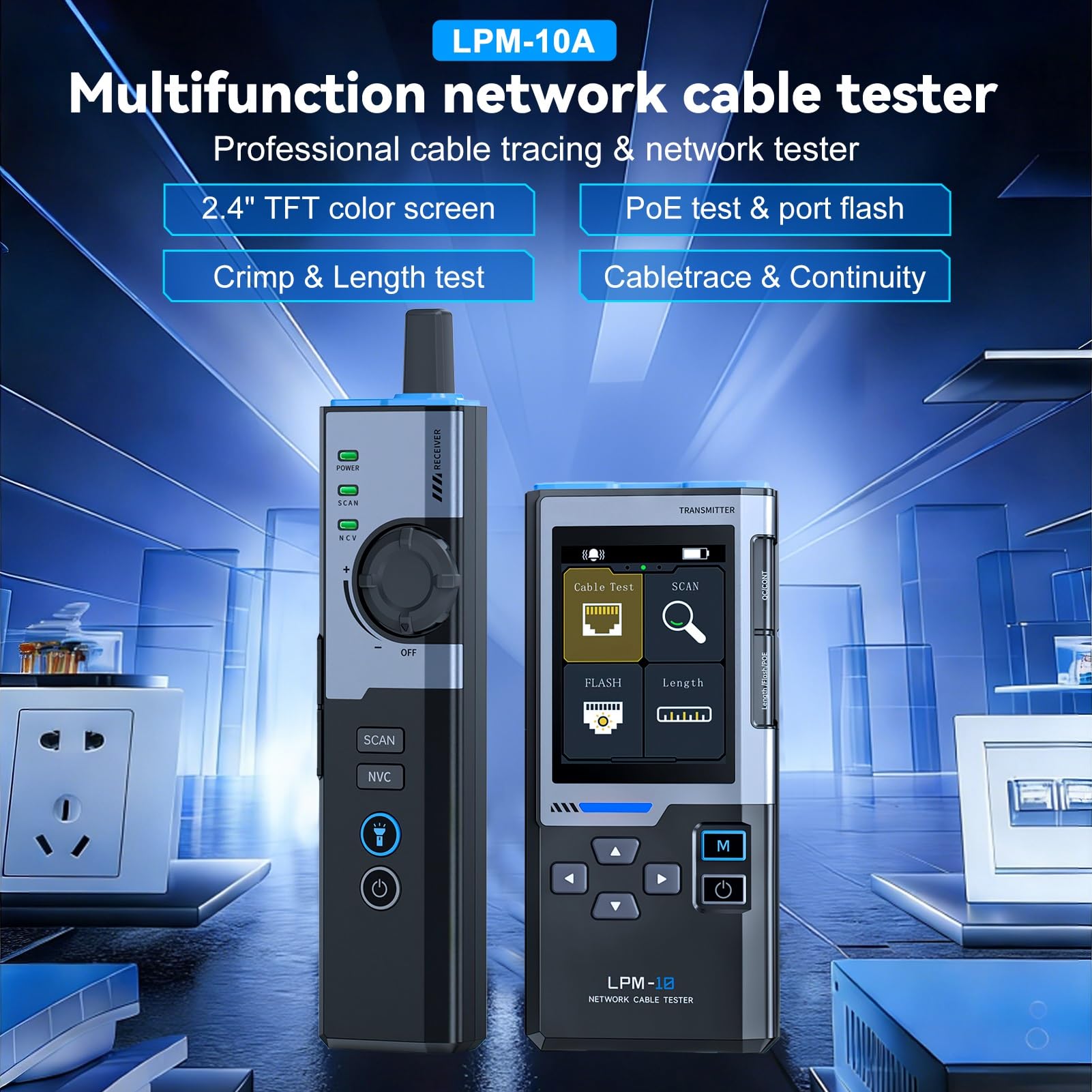 LPM-10 Probador de Cables de Red, Comprobador de Cable de Red y Ethernet Localizador de Cables RJ45/RJ11, Prueba PoE, NCV, Prueba de Crimpado, Test de Velocidad de Red y Longitud, Parpadeo de Puertos