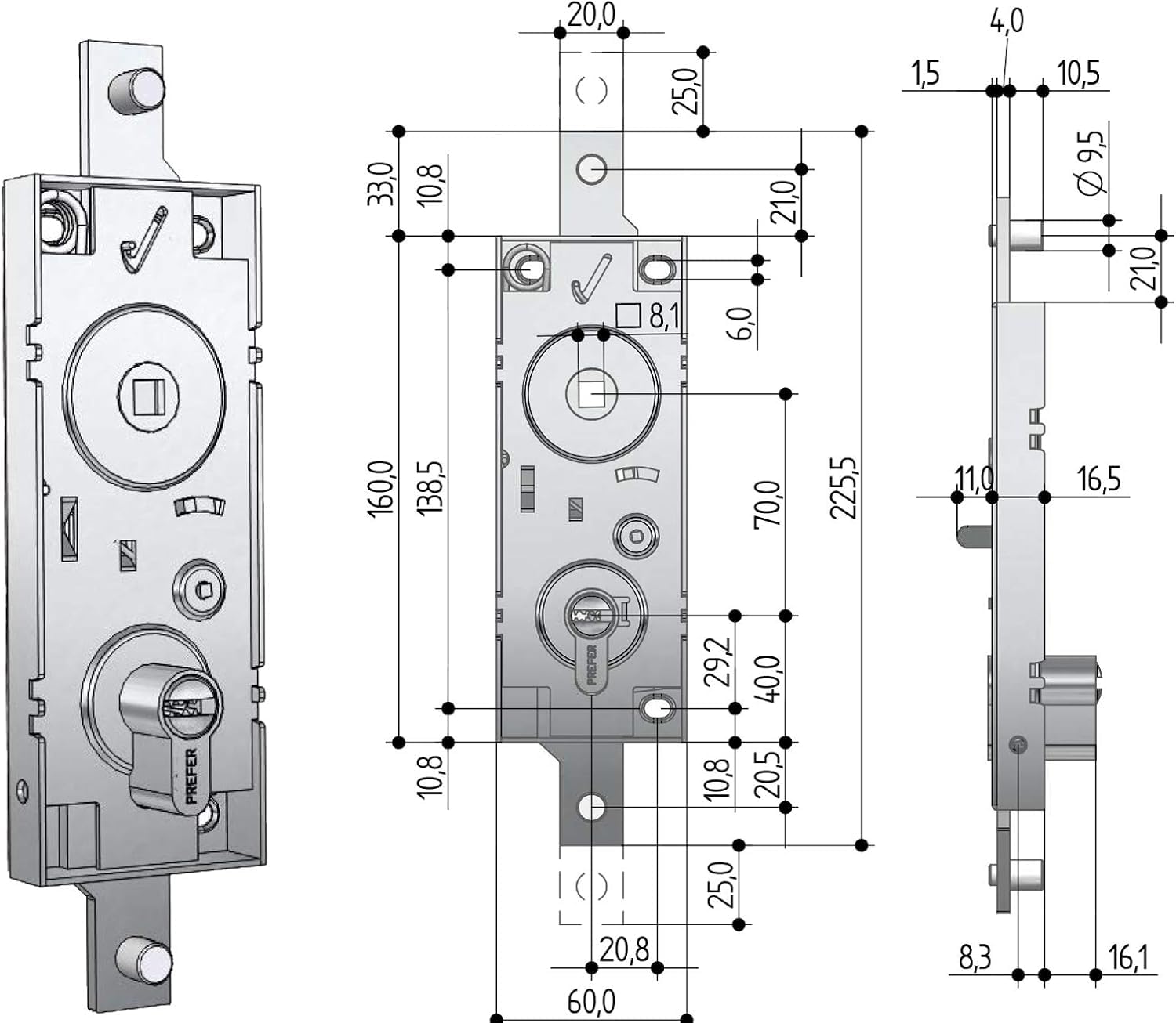 Cerradura para basculante/garaje cilindro de perfil europeo entre ejes 70 mm, llaves perforadas, mango no incluido