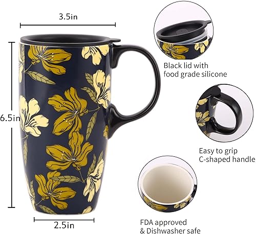 Miniatura 13 de TZSSP Taza de cerámica para café, taza de té de porcelana con tapa, 17 onzas, 2 unidades, azul y negro Azul y Negro,Azul,Verde,Negro -,Azul