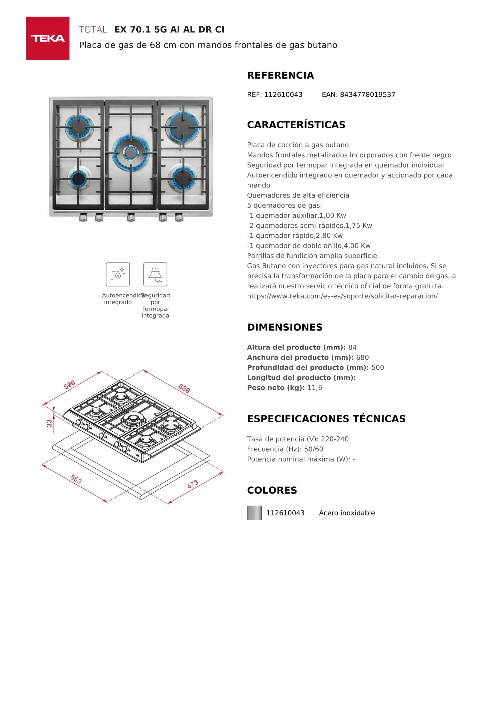 TEKA Placa de Gas 68 cm, 5 Fuegos, Doble Anillo, Mandos Frontales Metalizados, Quemadores Alta Eficiencia, Modelo EX 70.1 5G AI AL DR CI