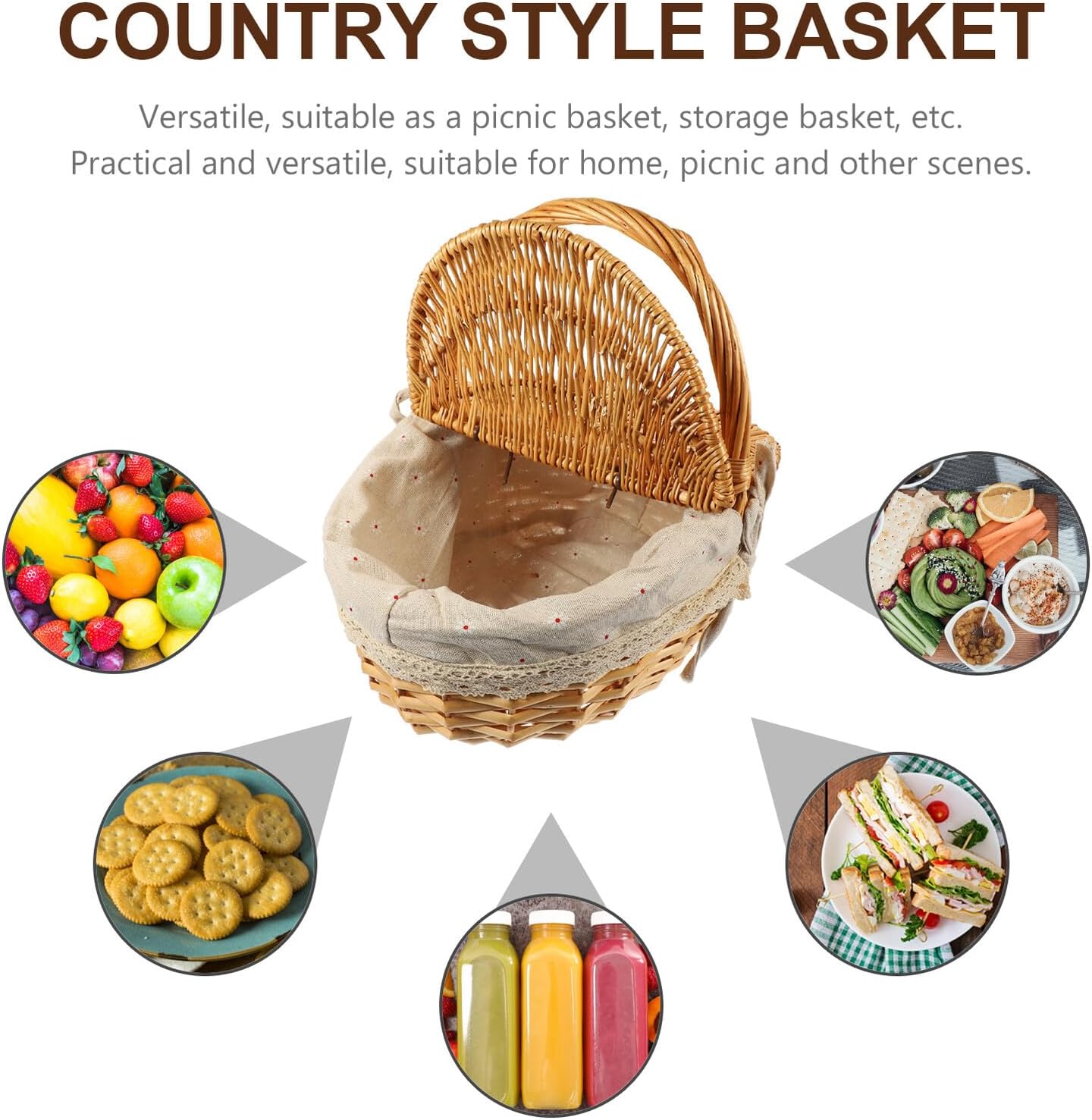 Toddmomy Wicker Picnic Basket with Lid and Handle Rattan Storage Basket for Outdoor Picnic and Home Organization Handmade Decorative 35x25x17cm