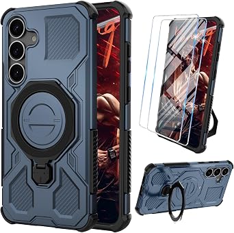 Vaki for Samsung Galaxy S25 Case with Tempered Glass Screen Protector, Heavy Duty Military Grade Shockproof Protective Cover 360 Ring Magnetic Kickstand Armor Cell Phone Case for Samsung S25 Blue