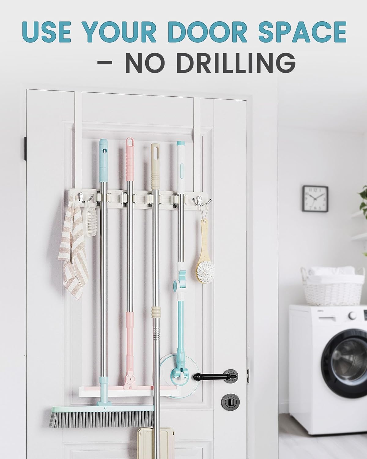HULISEN Broom Holder Door Mount, Over the Door Broom and Mop Holder with 0.6" Thick Pads, Wood Mop Organizer Tool Hanger with 4 Racks & 2 Hooks for Laundry Cabinet Kitchen Garage, No Drills