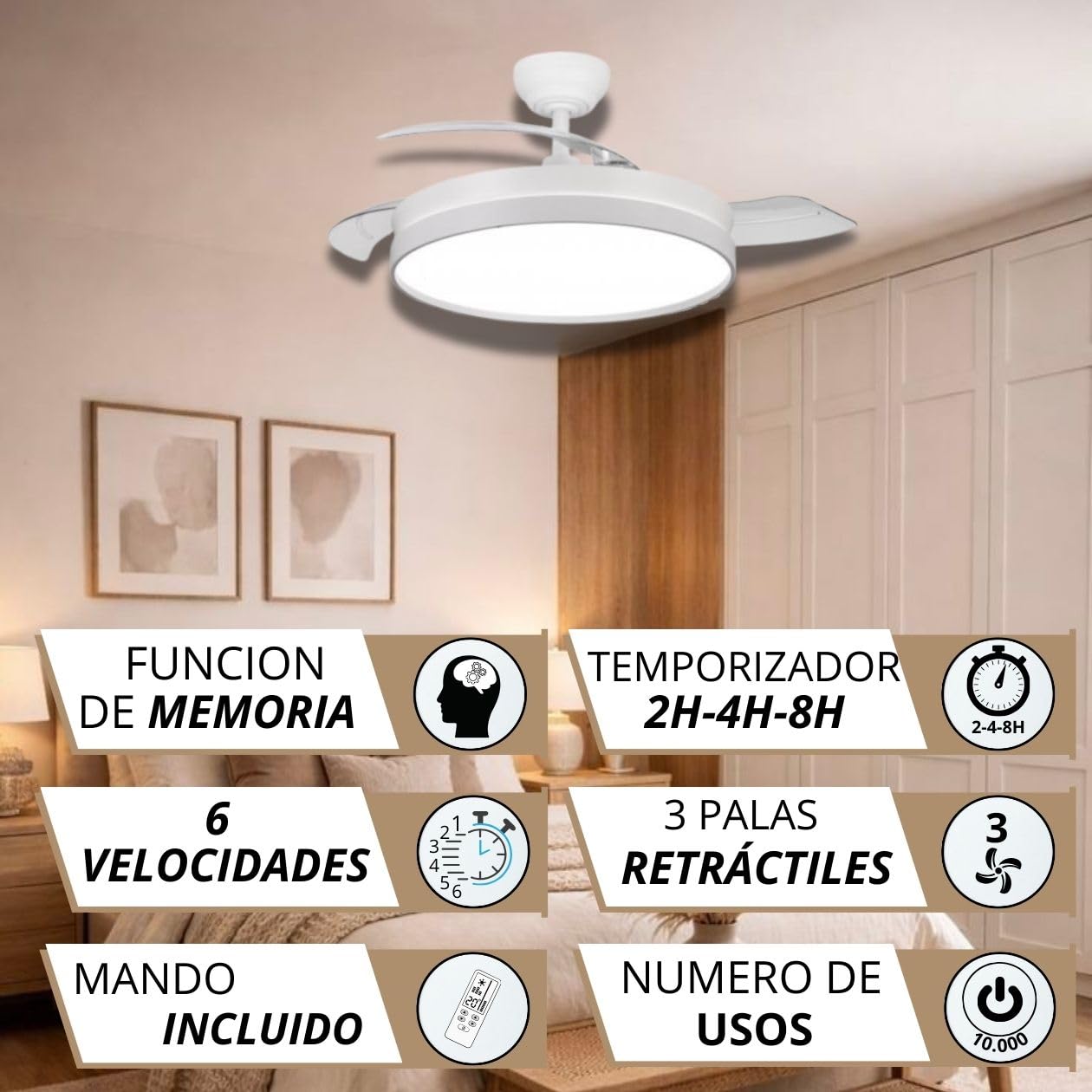 NARVI - Ventilador de Techo NANTES Ø 50 cm | Control Remoto | 3 Palas Transparentes | Iluminación LED Ajustable 60W | Motor DC Eficiente | Función Invierno/Verano | Blanco
