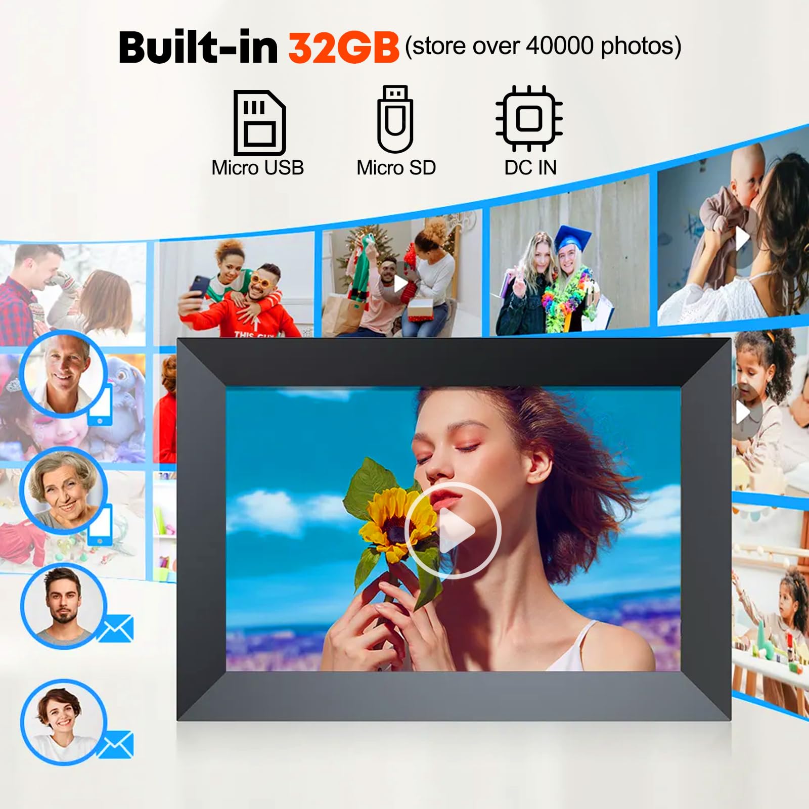 Cornice Digitale Wi-Fi HIYAA 10.1 Pollici IPS 32GB | Touchscreen, Frameo, Condivisione Remota, Supporto Fino A 128GB SD, 1080p