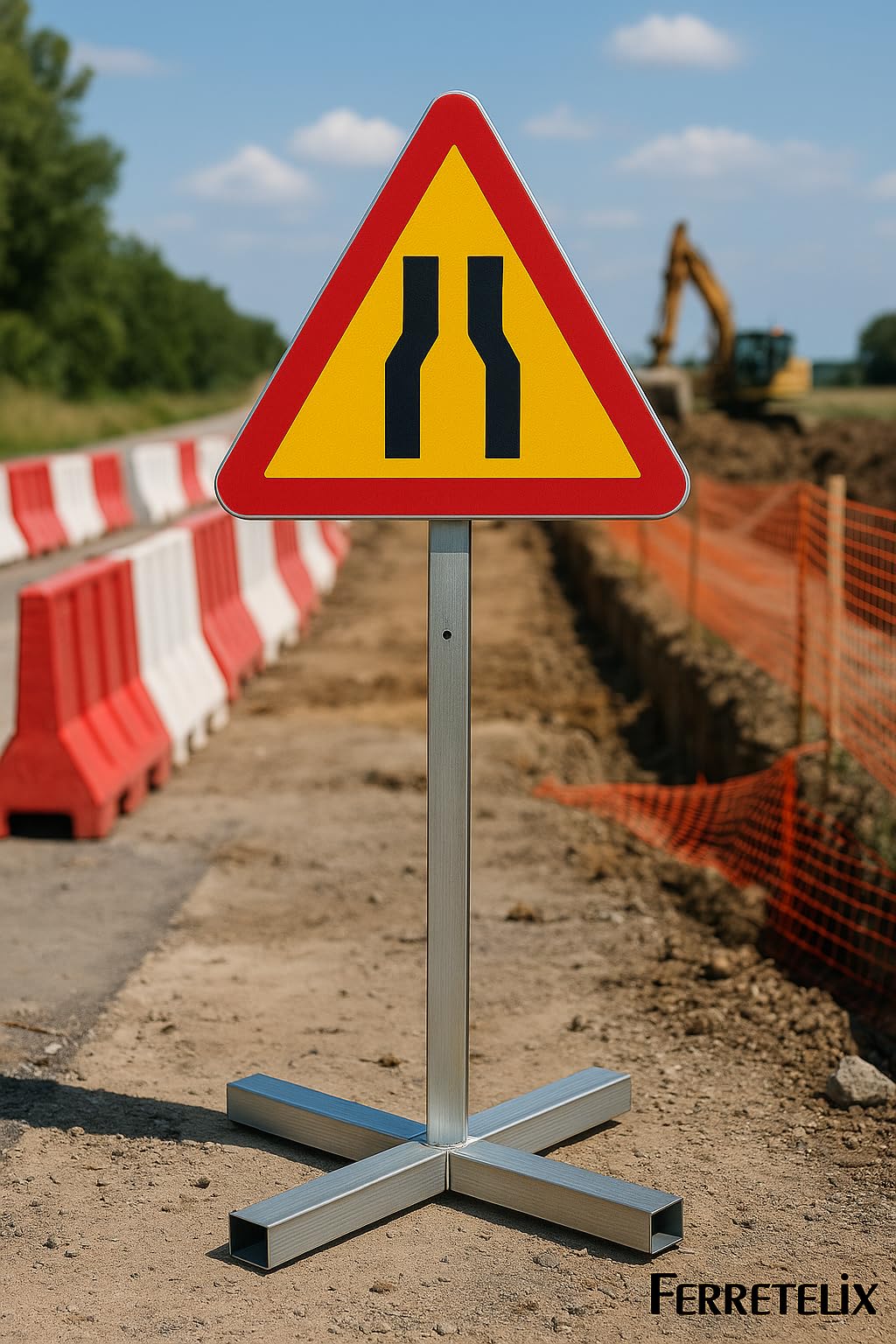 FERRETELIX® Señal Metálica Homologada MOPU TP-17 Estrechamiento de Calzada 60 cm N1 con Poste de 1,5 m y Cruceta