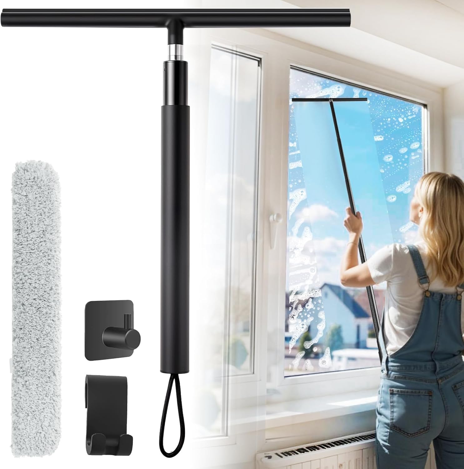 Extendable Shower Squeegee Window Cleaner 140cm Telescopic Rod Rubber Lip