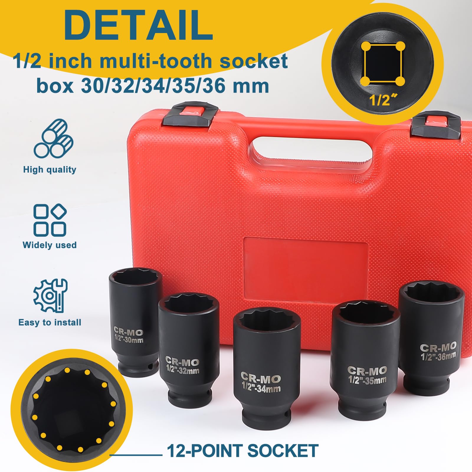 8 Piezas Juego de Llave de Vaso 1/2’’, 30 32 34 35 36 mm, Llaves de Vaso Impacto Hexagonal, Llaves de Vaso de Doce Caras, Juego de Tuercas Multidientes de Acero al Cromo Vanadio