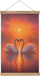 zxxpensy Two Elegant Swans Floating at Sunset Canvas Painting Wood Frames Poster, Hanger Hanging Picture Kit for Artwork Wall Art Decor