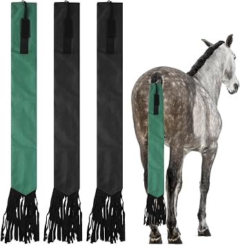 Three Horsetail Protective Bags with Fringe, Adjustable Nylon Fastener Oxford Cloth Horse Tail Guard Bag, Ponytail Bag to Prevent Mosquitoes and Keep Clean