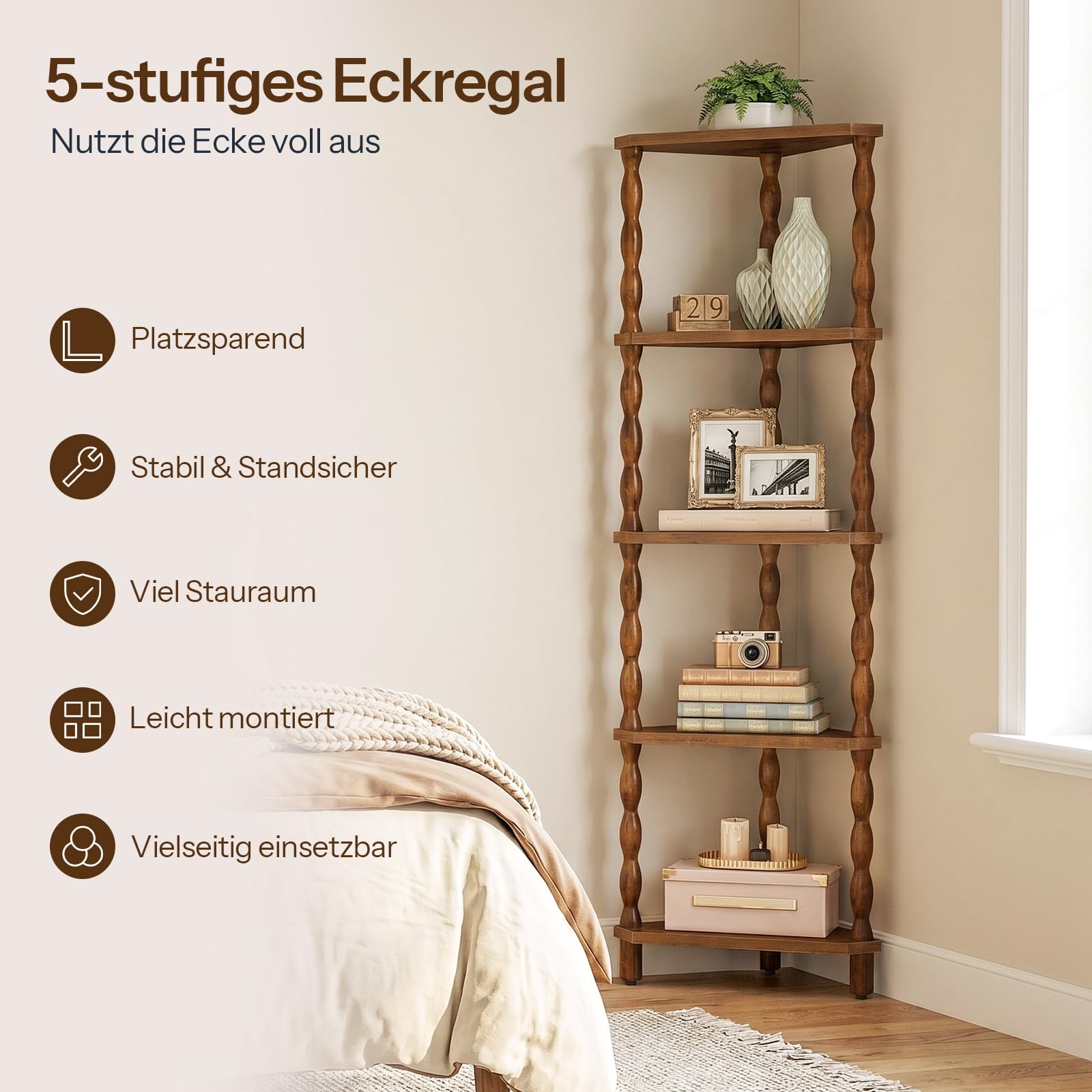 HOOBRO 5-stöckiges Regal, Bücherregal, Eckregal, Standregal, Lagerregal | Eckregal mit Bauchigen Beinen, 135 cm hoch, für Schlafzimmer, Wohnzimmer, Büro und Kleine Räume, Vintagebraun EFG195CJ01