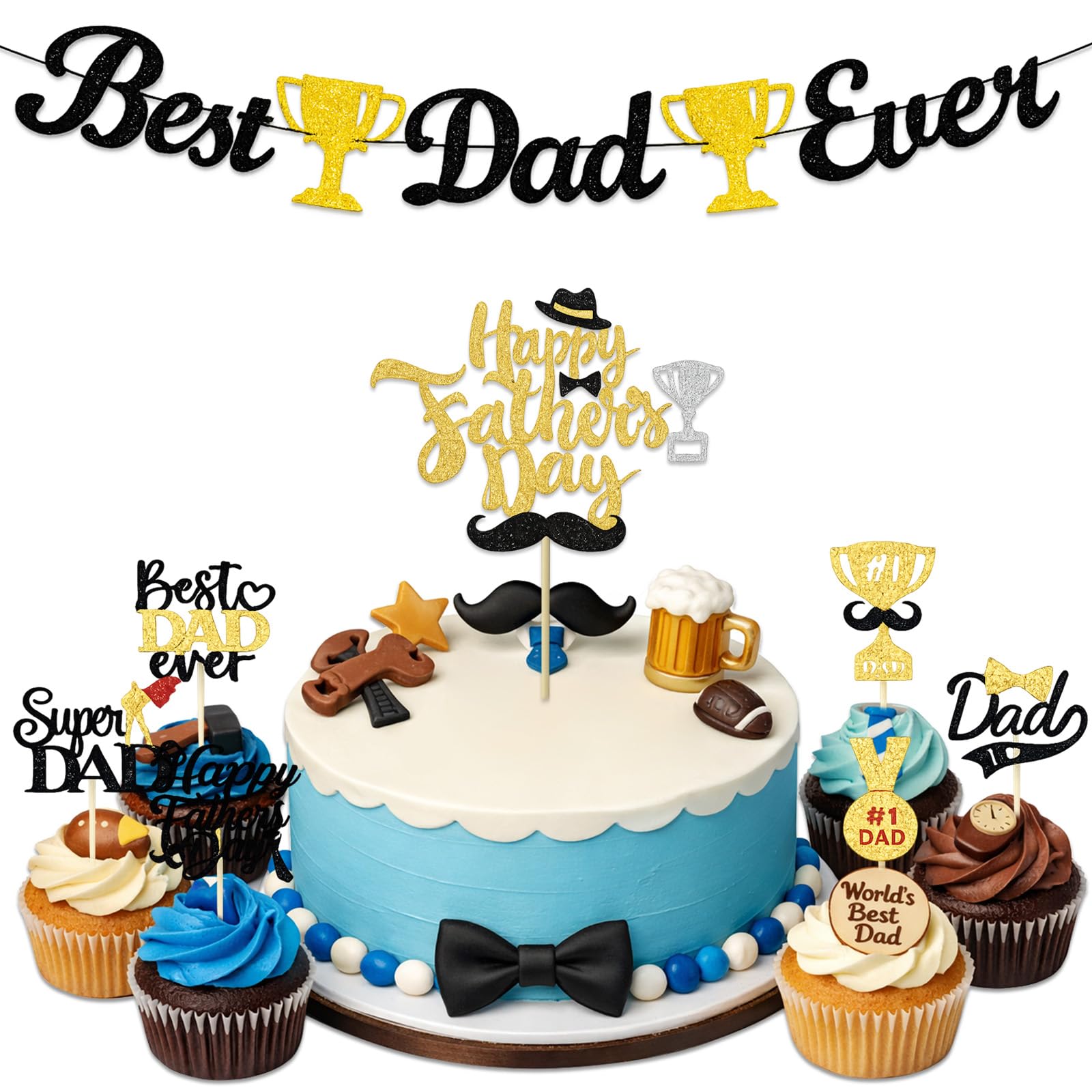 14PCS Happy Fathers Day Cupcake Toppers with Black Banner Trophy Best Dad Ever #1 Dad Glitter Fathers Day Cake Decorations fathers day Party Supplies Decoration Kit